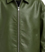 Men's Green Oversized Sheepskin Leather Jacket Closeup - Jacket Aura