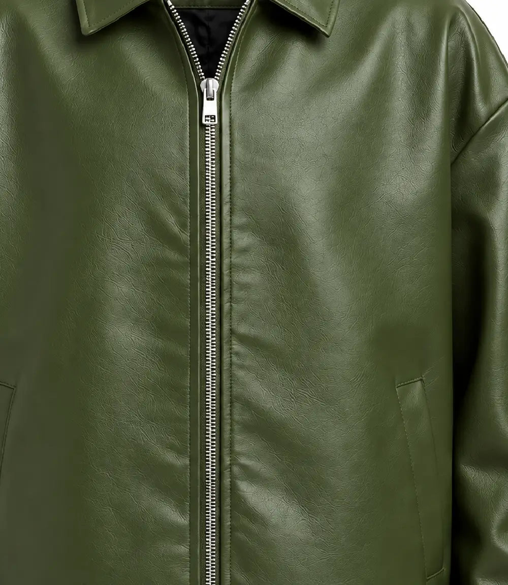 Men's Green Oversized Sheepskin Leather Jacket Closeup - Jacket Aura