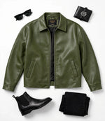 Men's Green Oversized Sheepskin Leather Jacket Front - Jacket Aura