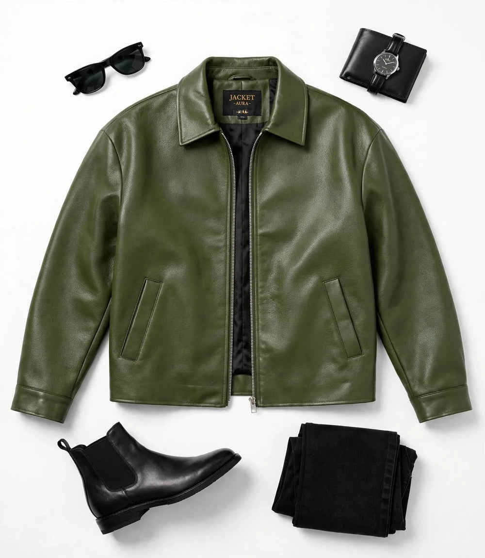 Men's Green Oversized Sheepskin Leather Jacket Front - Jacket Aura