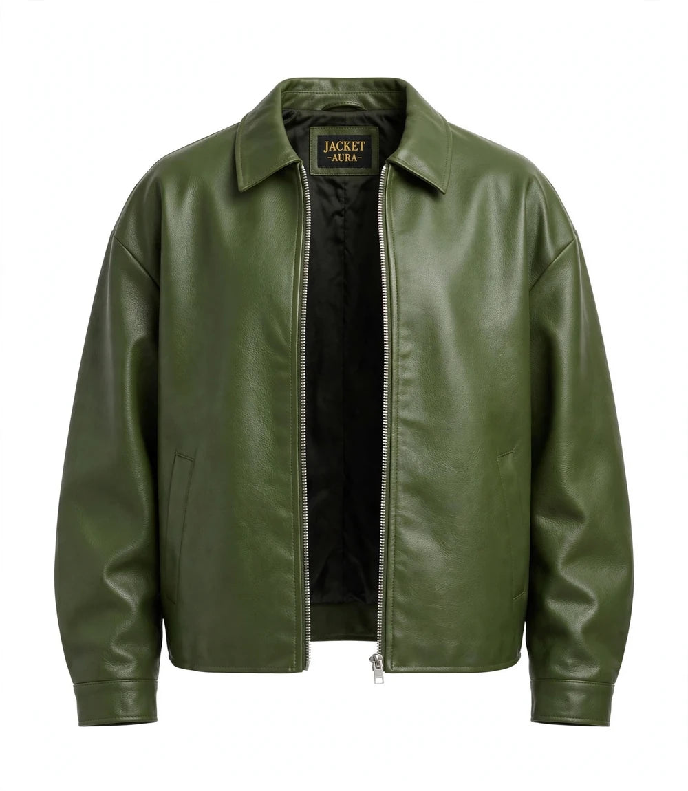 Men's Green Oversized Sheepskin Leather Jacket Inner - Jacket Aura