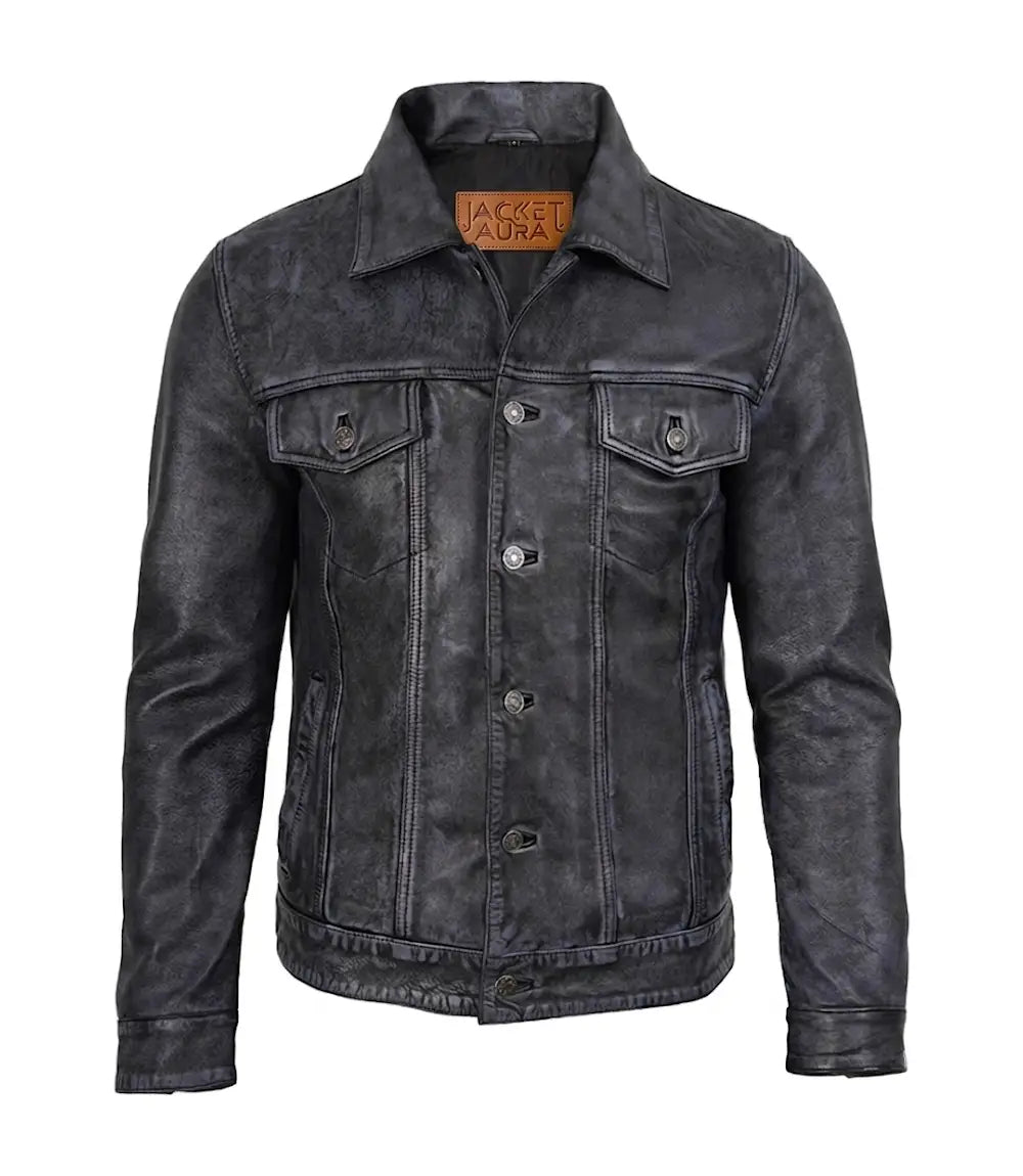 Men's Black Washed Leather Trucker Jacket | Jacket Aura in XS - Jacket Aura