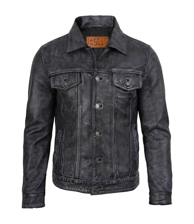 Men's Black Washed Leather Trucker Jacket | Jacket Aura in XS - Jacket Aura