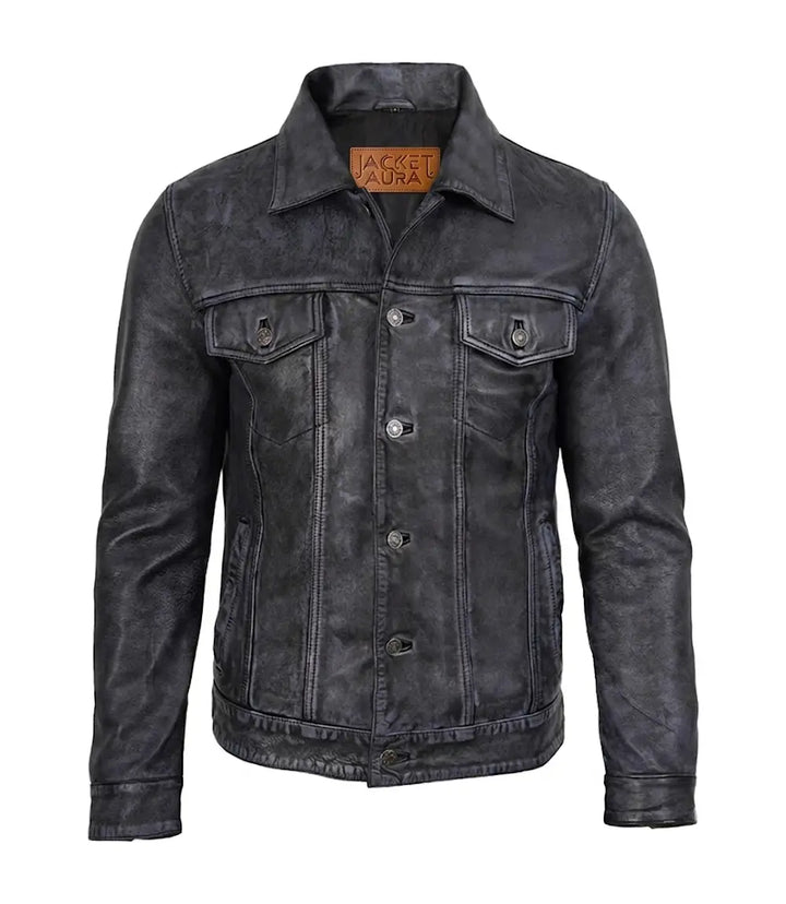 Men's Black Washed Leather Trucker Jacket | Jacket Aura in XS - Jacket Aura
