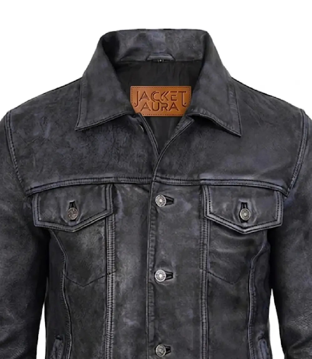 Men's Black Washed Leather Trucker Jacket | Jacket Aura in XS - Jacket Aura