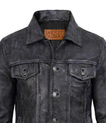 Men's Black Washed Leather Trucker Jacket | Jacket Aura in XS - Jacket Aura