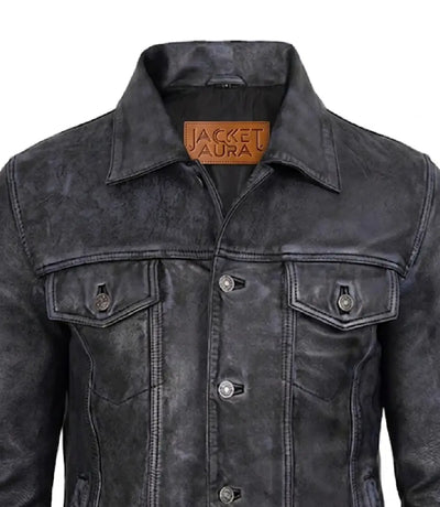 Men's Black Washed Leather Trucker Jacket | Jacket Aura in XS - Jacket Aura