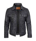 Men's Black Washed Leather Trucker Jacket | Jacket Aura in XS - Jacket Aura