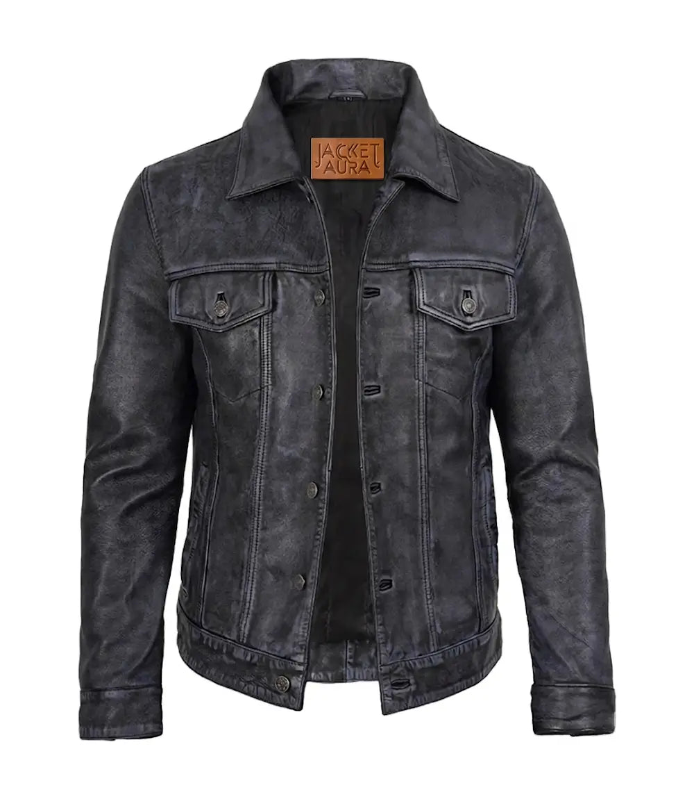 Men's Black Washed Leather Trucker Jacket | Jacket Aura in XS - Jacket Aura