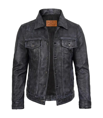 Men's Black Washed Leather Trucker Jacket | Jacket Aura in XS - Jacket Aura