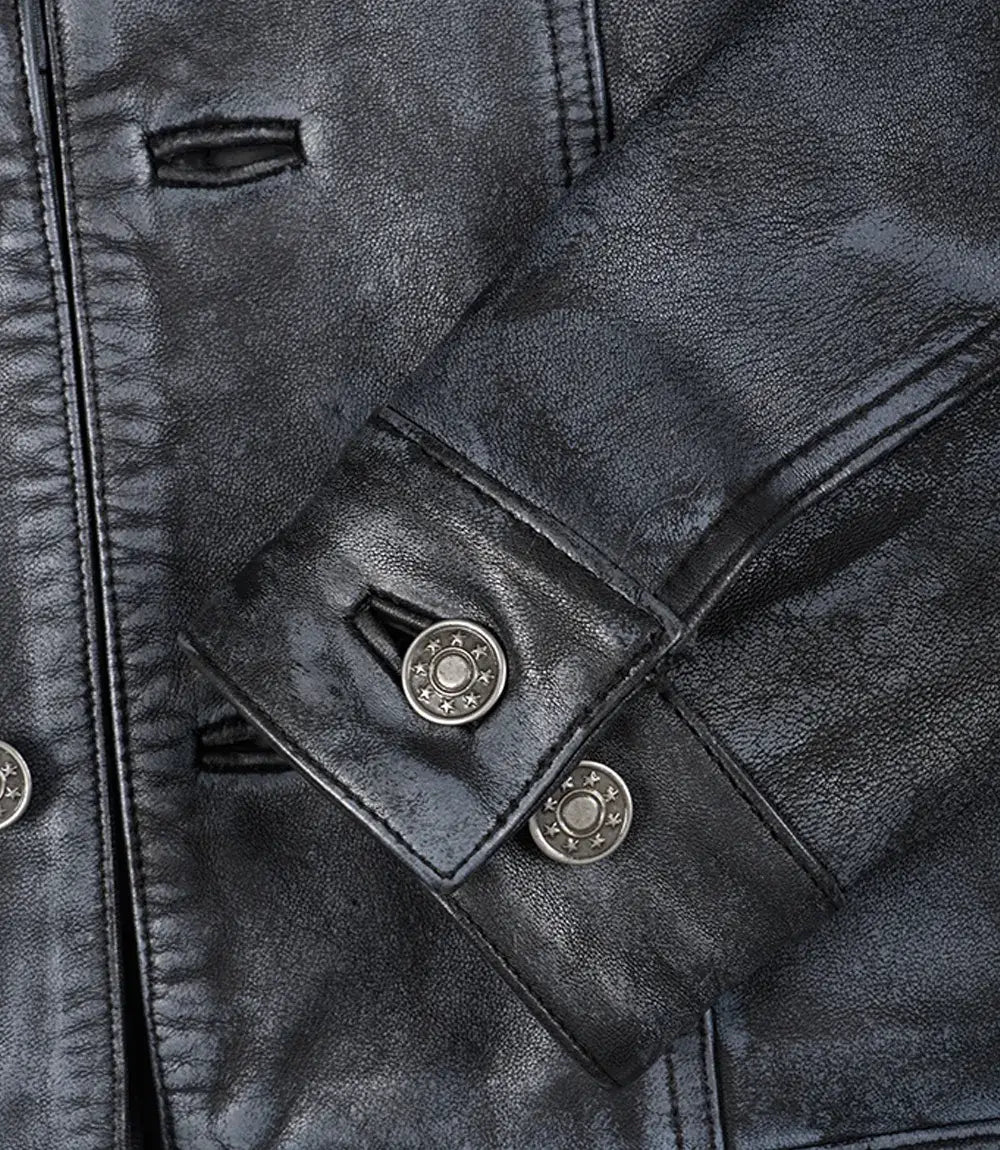 Men's Black Washed Leather Trucker Jacket | Jacket Aura in XS - Jacket Aura