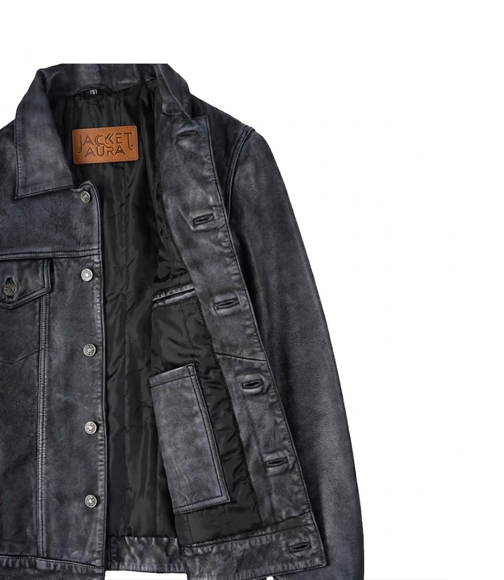 Men's Black Washed Leather Trucker Jacket | Jacket Aura in XS - Jacket Aura