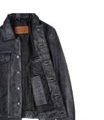 Men's Black Washed Leather Trucker Jacket | Jacket Aura in XS - Jacket Aura