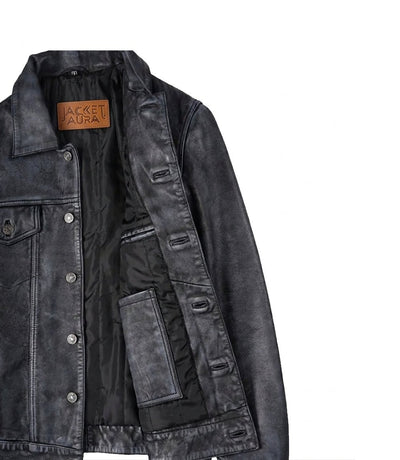 Men's Black Washed Leather Trucker Jacket | Jacket Aura in XS - Jacket Aura