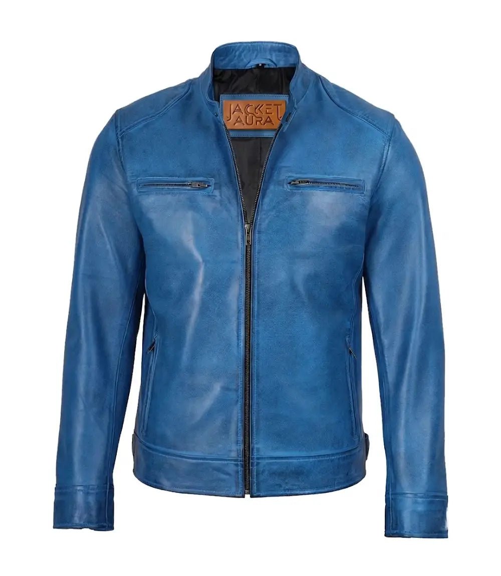 Men's Distressed Blue Leather Biker Jacket | Jacket Aura in XS - Jacket Aura