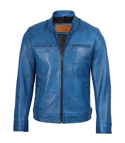Men's Distressed Blue Leather Biker Jacket | Jacket Aura in XS - Jacket Aura