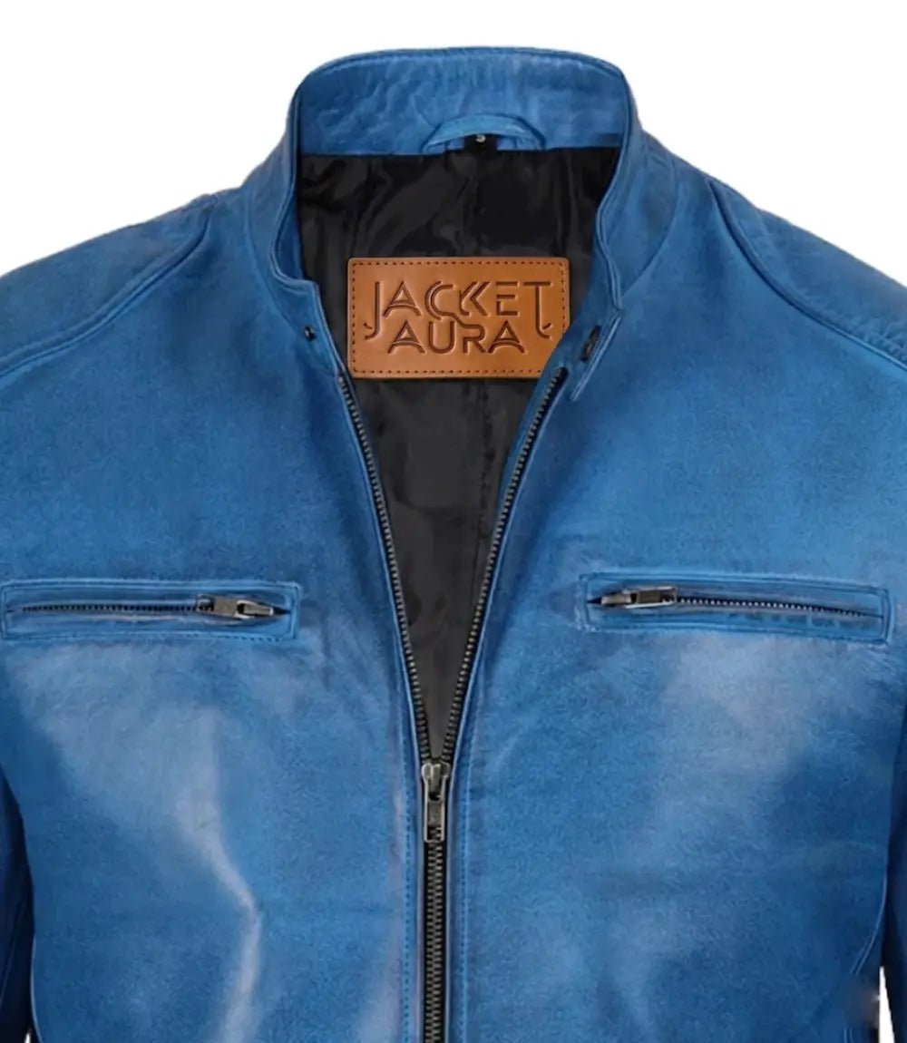 Men's Distressed Blue Leather Biker Jacket | Jacket Aura in XS - Jacket Aura