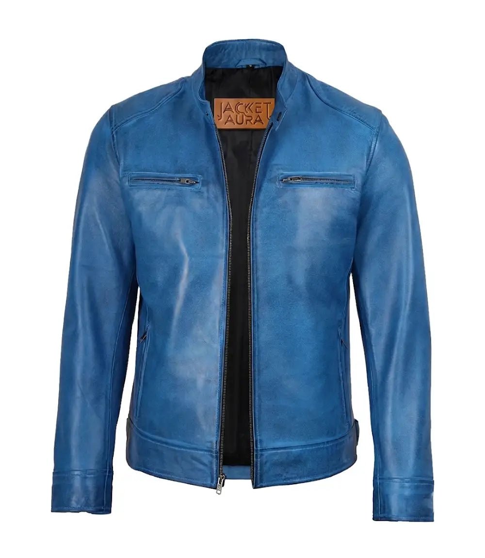Men's Distressed Blue Leather Biker Jacket | Jacket Aura in XS - Jacket Aura