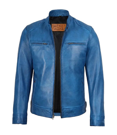 Men's Distressed Blue Leather Biker Jacket | Jacket Aura in XS - Jacket Aura