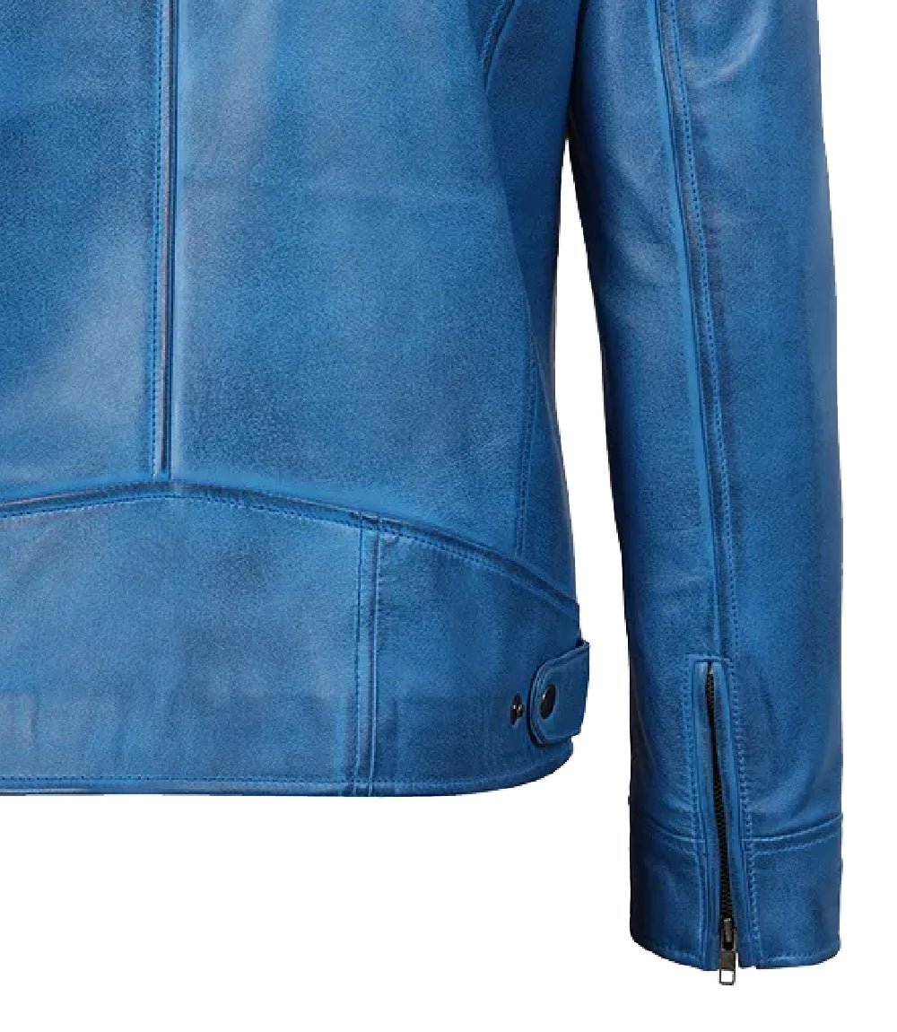 Men's Distressed Blue Leather Biker Jacket | Jacket Aura in XS - Jacket Aura