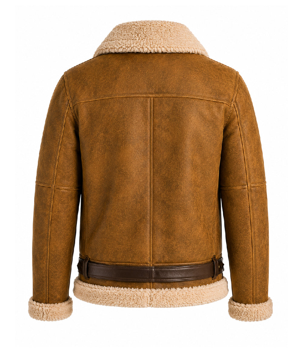 Men's B3 Brown Sheepskin Shearling Leather Jacket Back - Jacket Aura