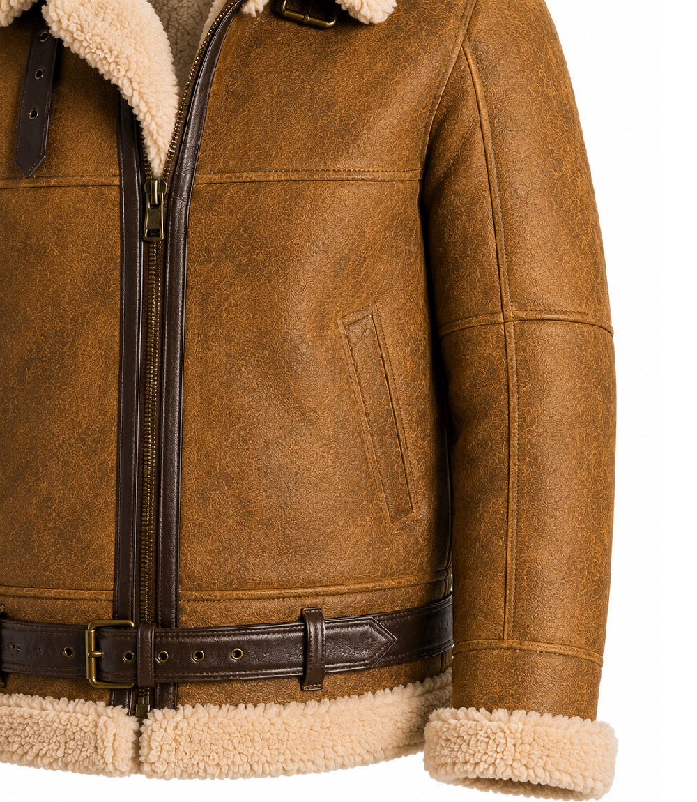 Men's B3 Brown Sheepskin Shearling Leather Jacket Closeup - Jacket Aura