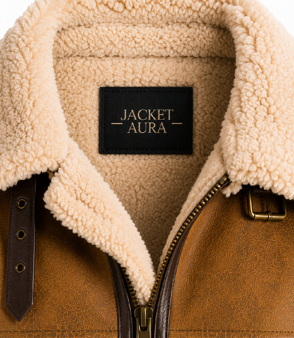 Mens B3 Brown Sheepskin Shearling Leather Jacket Collar - Jacket Aura