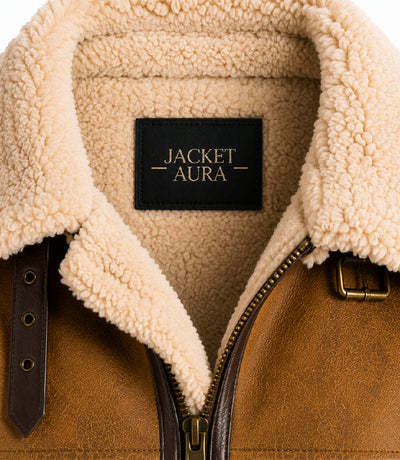 Mens B3 Brown Sheepskin Shearling Leather Jacket Collar - Jacket Aura