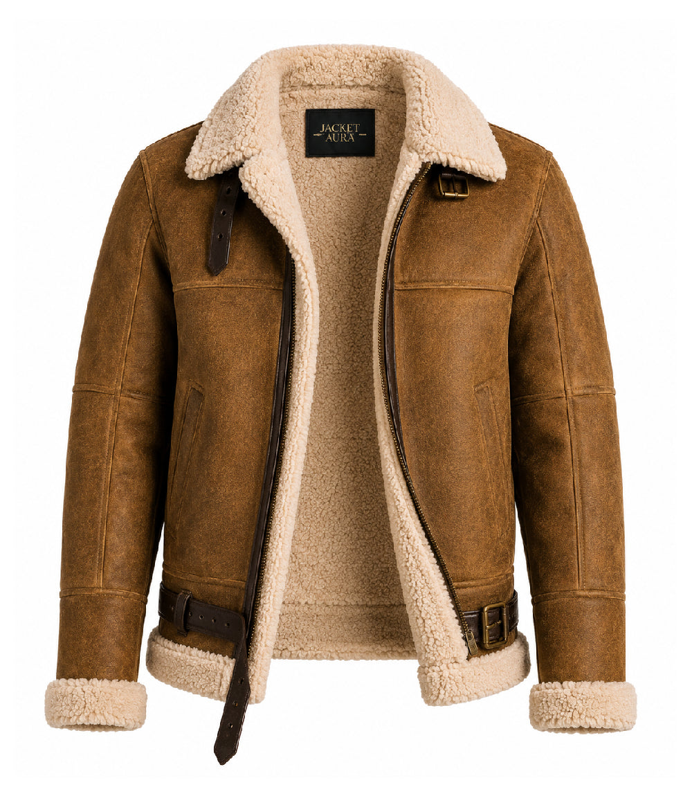 Men's B3 Brown Sheepskin Shearling Leather Jacket Front - Jacket Aura