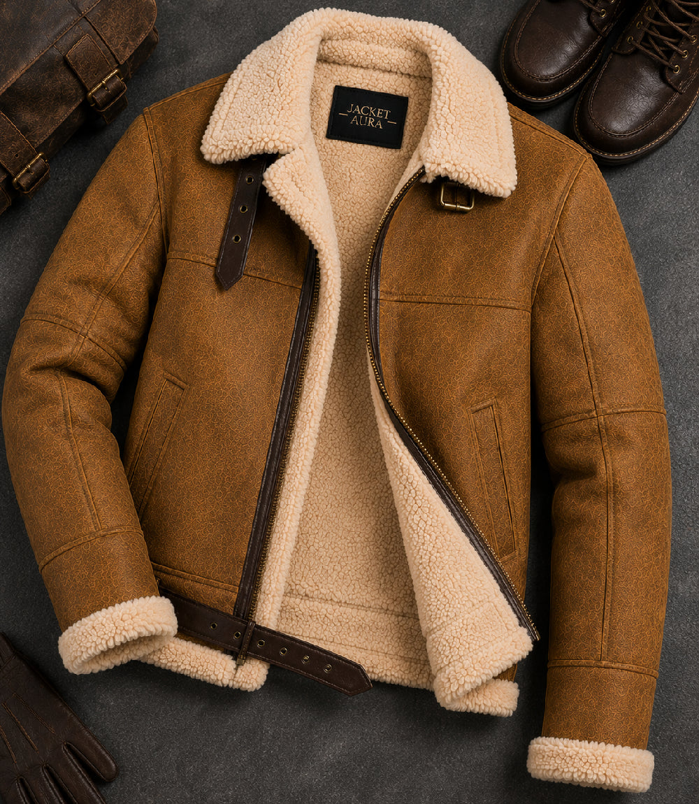 Men's B3 Brown Sheepskin Shearling Leather Jacket Front View - Jacket Aura