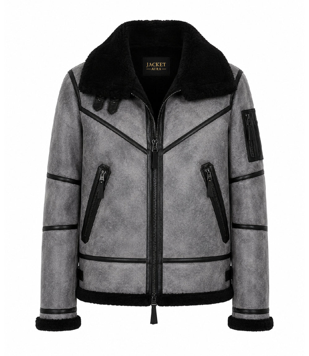 Mens B3 Grey Sheepskin Shearling Jacket - Jacket Aura