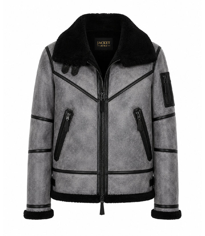 Mens B3 Grey Sheepskin Shearling Jacket - Jacket Aura