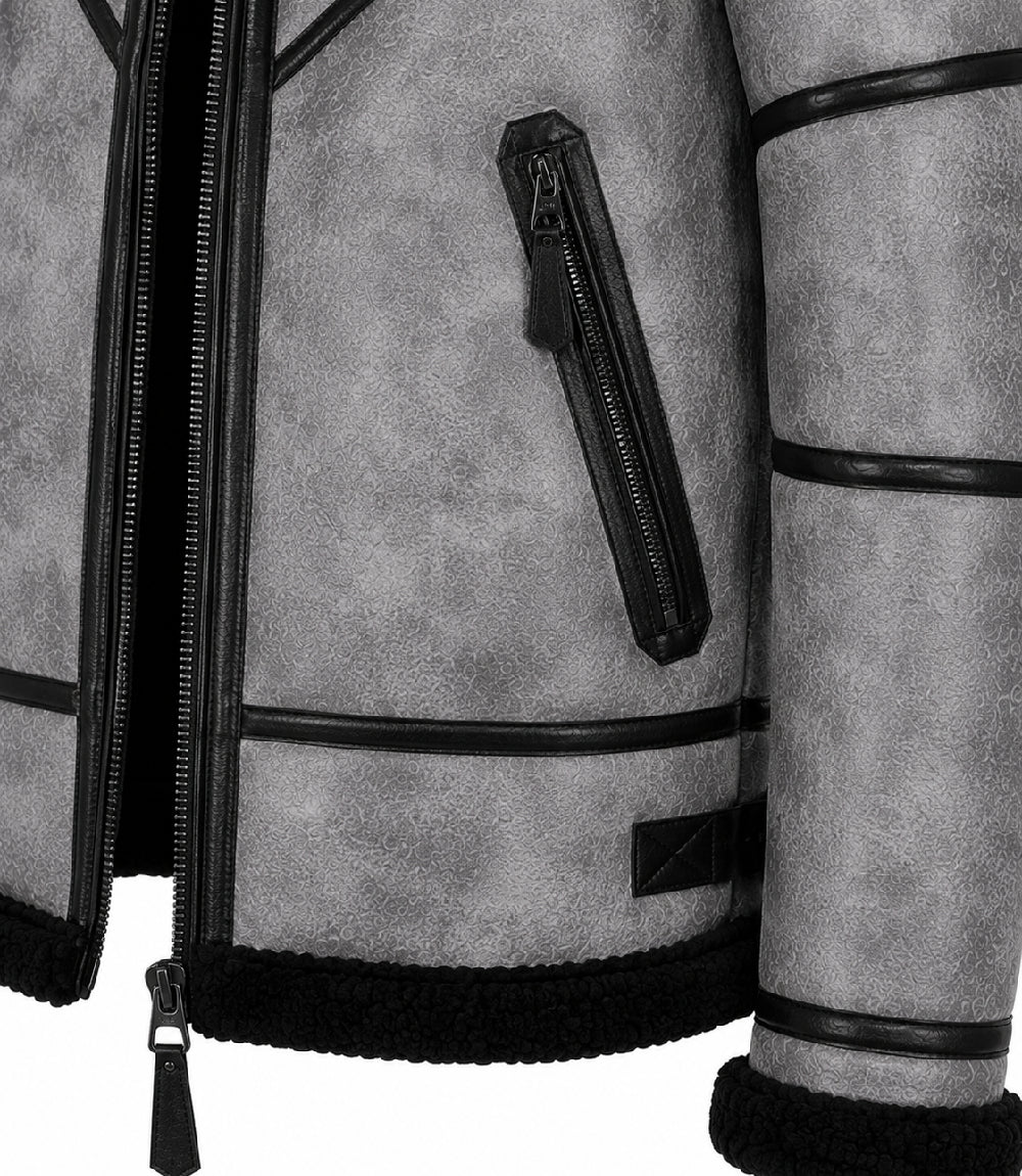 Men's B3 Grey Sheepskin Shearling Jacket Closeup View - Jacket Aura