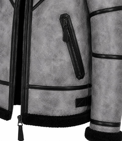 Men's B3 Grey Sheepskin Shearling Jacket Closeup View - Jacket Aura