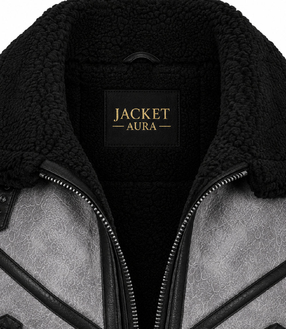 Men's B3 Grey Sheepskin Shearling Jacket Collar - Jacket Aura