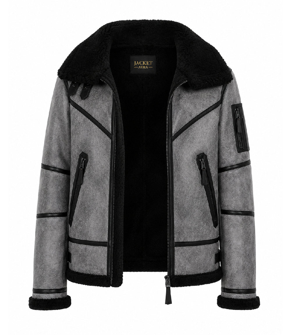 Men's B3 Grey Sheepskin Shearling Jacket  Front - Jacket Aura