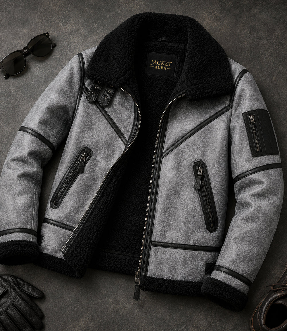 Men's B3 Grey Sheepskin Shearling Jacket Front View - Jacket Aura