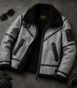 Men's B3 Grey Sheepskin Shearling Jacket Front View - Jacket Aura