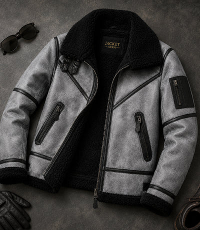 Men's B3 Grey Sheepskin Shearling Jacket Front View - Jacket Aura