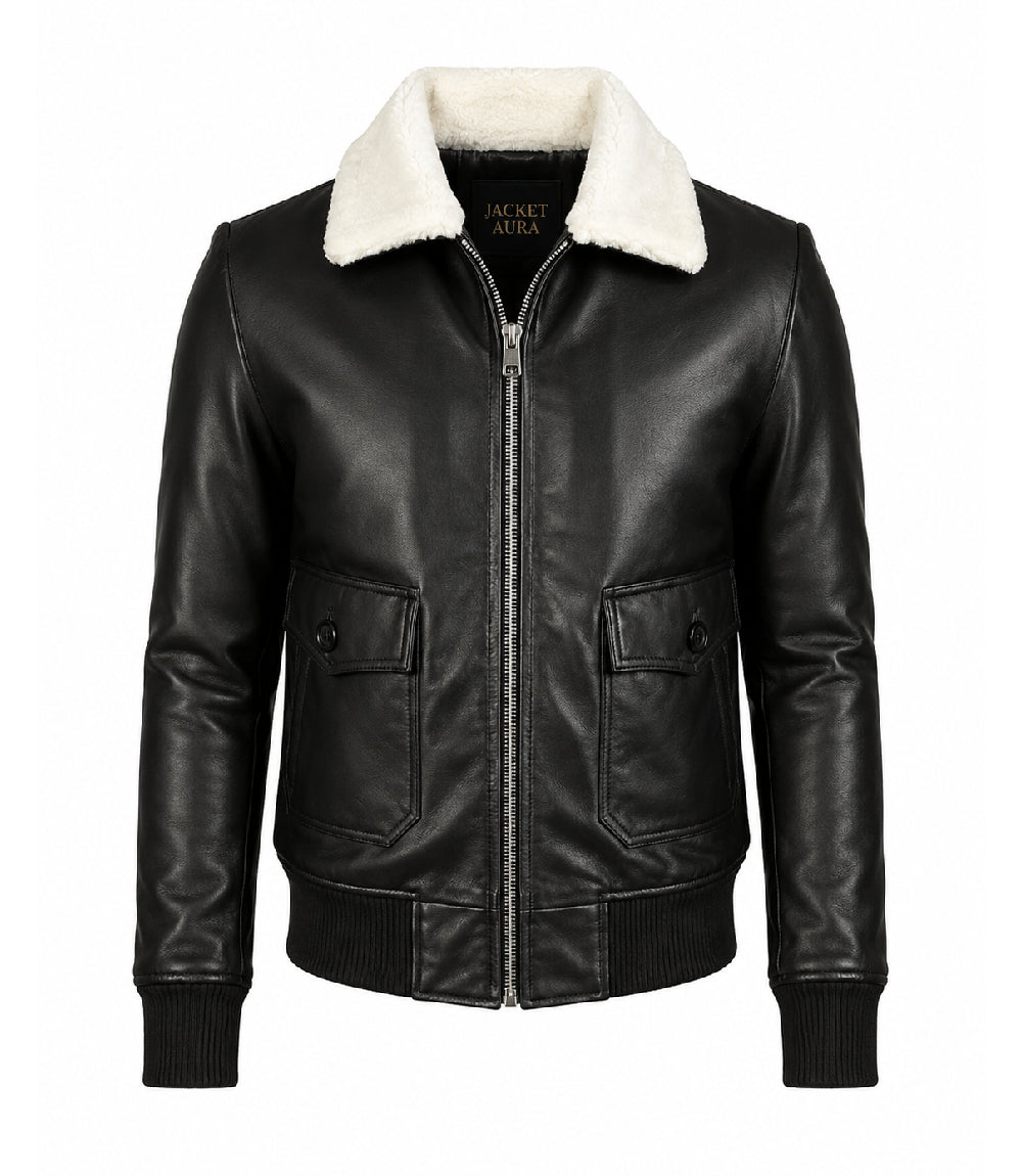 Men's Black Aviator Jacket with White Shearling Collar - Jacket Aura