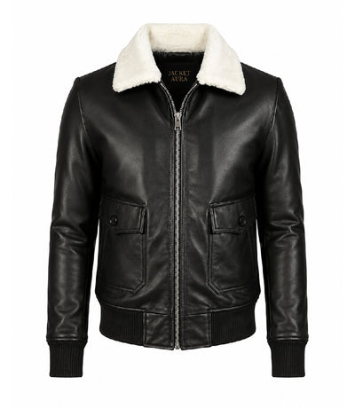 Men's Black Aviator Jacket with White Shearling Collar - Jacket Aura