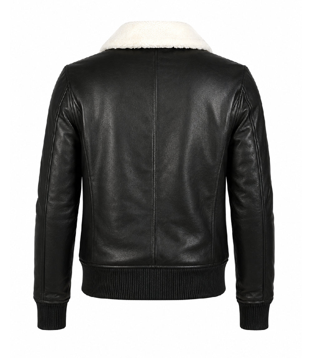 Men's Black Aviator Jacket with White Shearling Collar Back - Jacket Aura