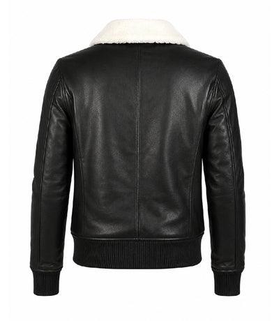Men's Black Aviator Jacket with White Shearling Collar Back - Jacket Aura