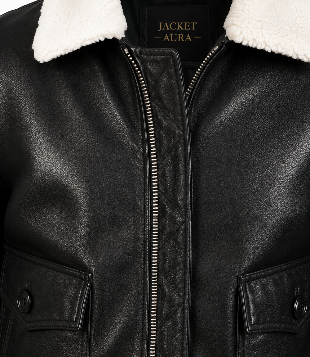 Men's Black Aviator Jacket with White Shearling Collar Closeup - Jacket Aura