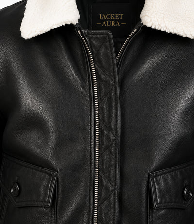 Men's Black Aviator Jacket with White Shearling Collar Closeup - Jacket Aura