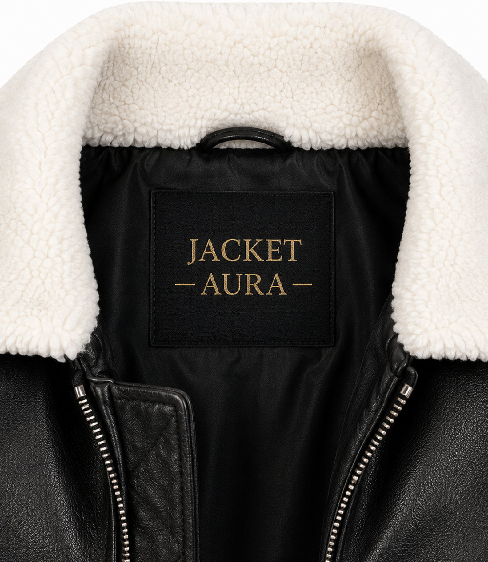 Men's Black Aviator Jacket with White Shearling Collar View - Jacket Aura