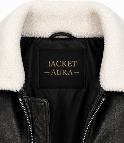 Men's Black Aviator Jacket with White Shearling Collar View - Jacket Aura