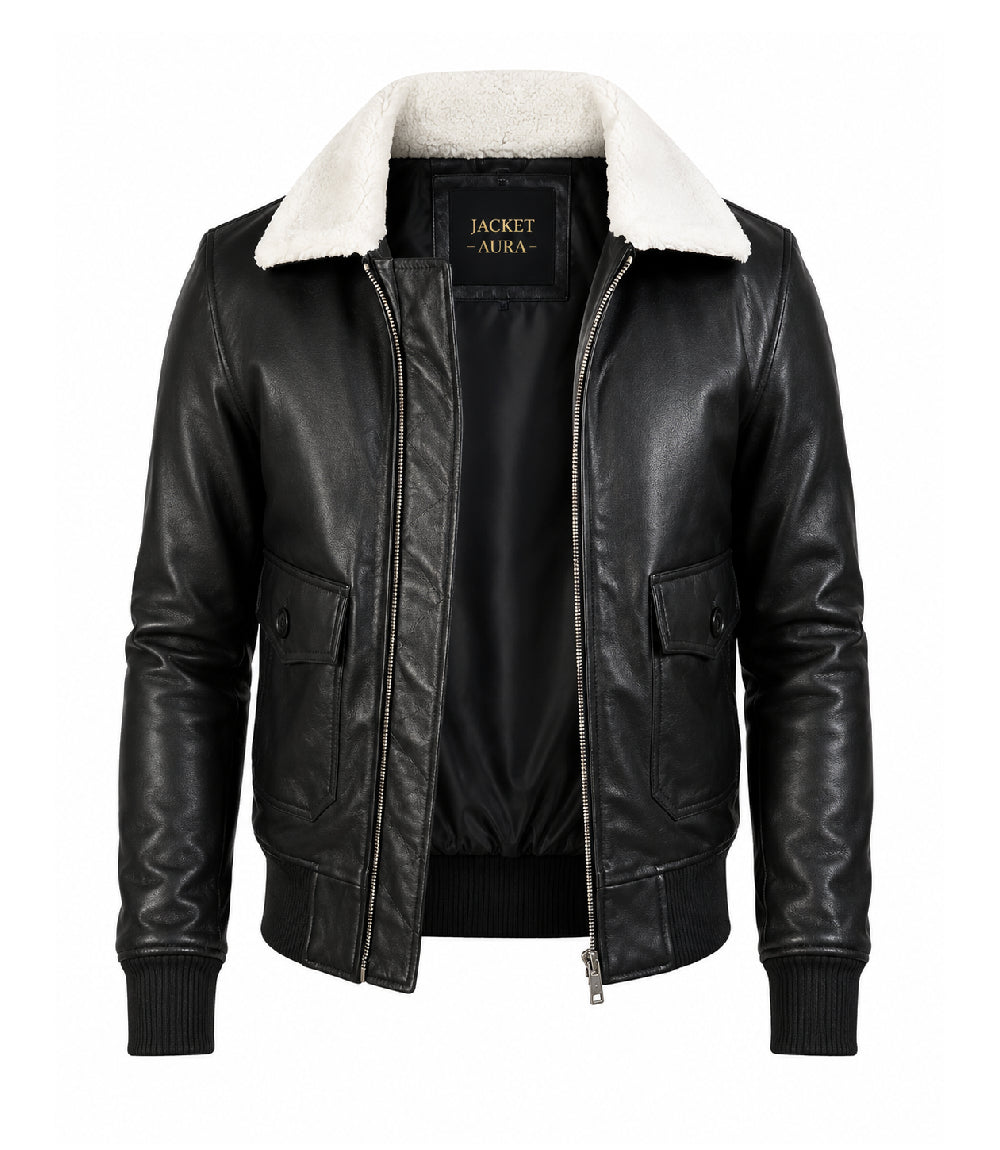 Men's Black Aviator Jacket with White Shearling Front - Jacket Aura