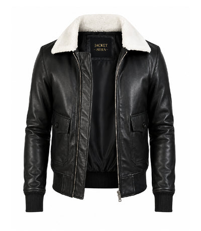 Men's Black Aviator Jacket with White Shearling Front - Jacket Aura