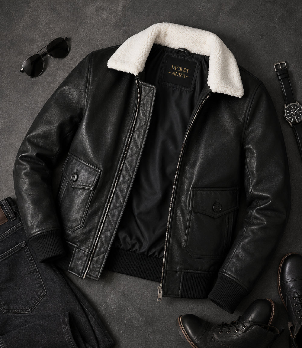 Men's Black Aviator Jacket with White Shearling Front View - Jacket Aura